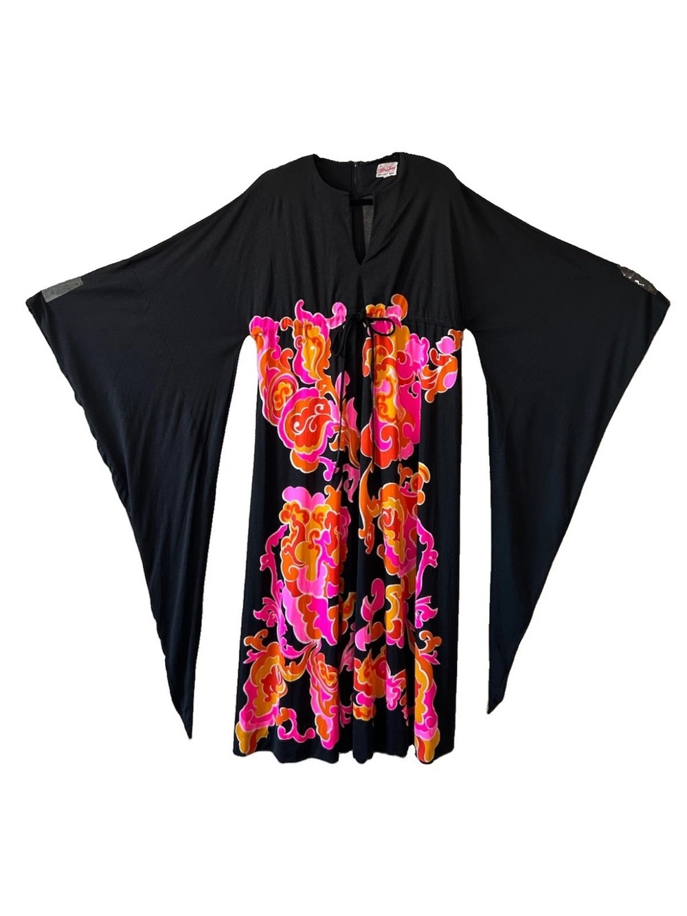 Vintage 70s Mr Dino Maxi Dress 10 Psychedelic Floral Caftan Batwing Mod Boho